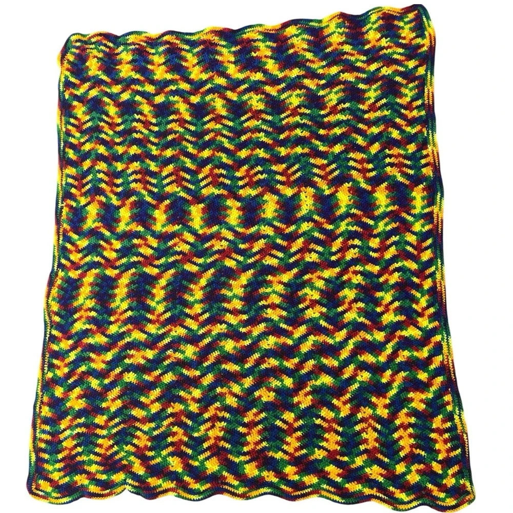 Rainbow Chevron Afghan Blanket 60x49 VTG boho Handmade Crochet Colorful Throw
